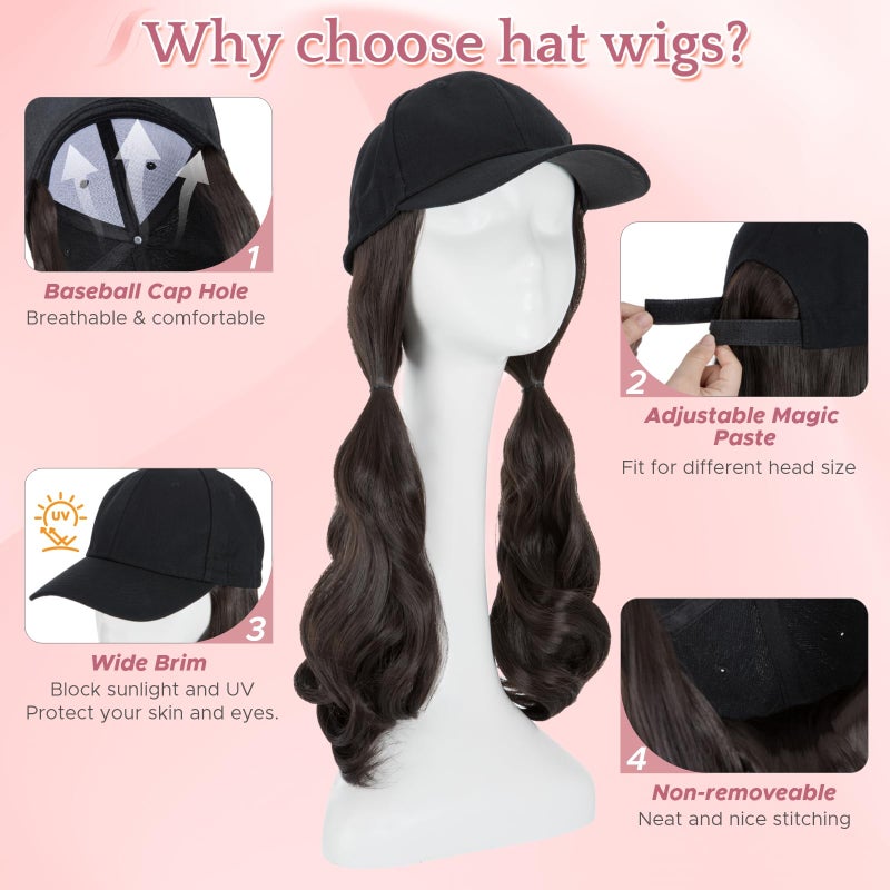 SEGO Hat Wig, Hat with Hair Attached for Women Black Baseball Cap with Hair Extensions, Long Wavy Baseball Cap Wig Adjustable Hats for Daily Party 16 Inch #4A Black Brown - Image 4